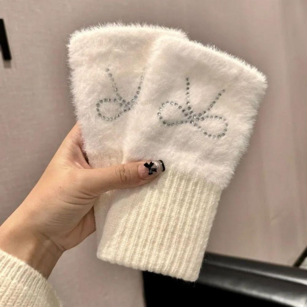 Hotfix Rhinestone Knitted Gloves Plush Half Finger Mittens Soft Bow Gloves Cycling