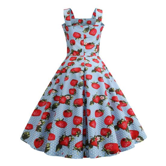Women Prom Dress Strawberry Print A-line Big Swing Vintage Button Decor Sleeveless Back Zipper High Waist Backless Square Neck Cocktail Midi Dress