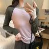 Pink Raglan Sleeve T-shirt for Women, Contrasting Color Age-reducing Bottoming Shirt, Irregular American Retro Long-sleeved Spring and Autumn Top