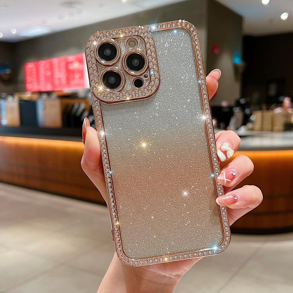 For iPhone 16 Pro Max Case Glitter Phone Case Rhinestone Decor Electroplating Protective Cover