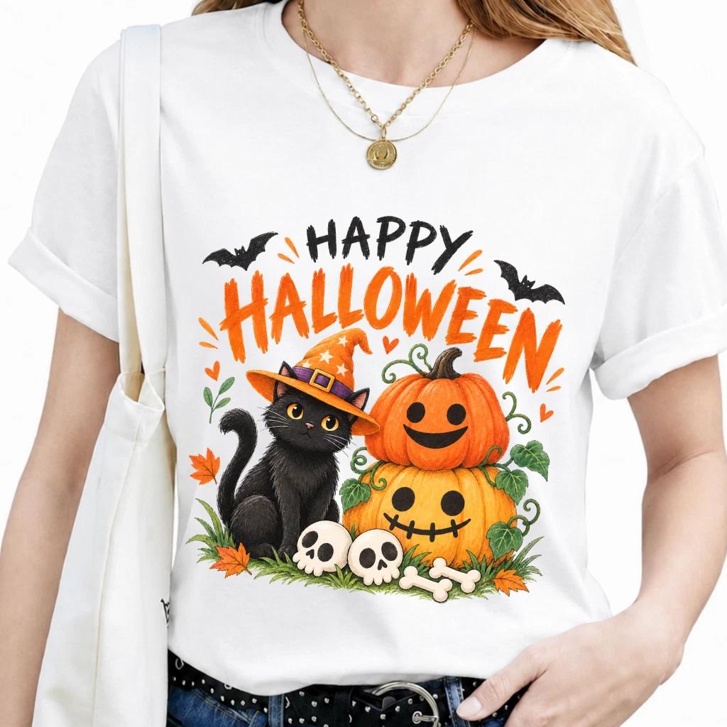 Cute Halloween Shirt Black Cat Pumpkin Graphic T-Shirt Sweet Pastel Retro 70s