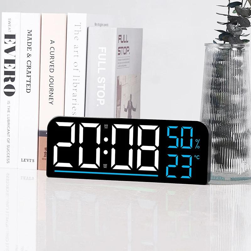 Large Screen LED Digital Wall Clock Time Temperature Humidity Display 2-Alarms Clocks Brightness Adjustable Electronic Clock