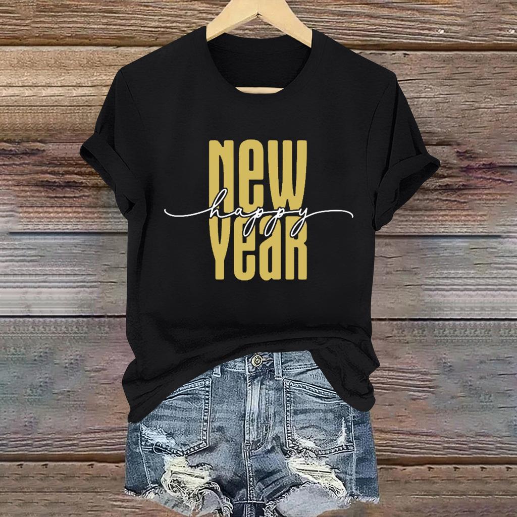 Women's Long Sleeve Round Neck T-Shirts 2025 New Year Print Puff Sleeve Shirts Button Blouses Tops