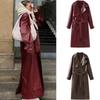 Women New Fashion with Belt Long Style Single Breasted Faux Leather Coat Vintage Long Sleeve Pockets Female Outerwear