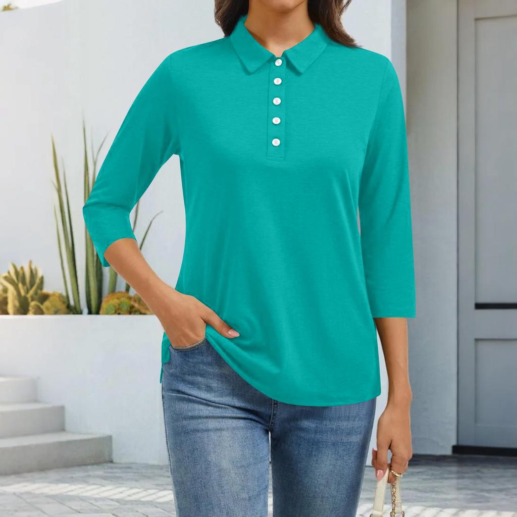 Women's Fashion Casual Lapel Short 3/4 Sleeve Solid Color Shirt Women's Button Up Tops
