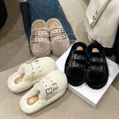 Мода 2025 Женские пушистые тапочки с пряжкой на ремне Зимняя мода Толстая подошва Плоская подошва Женские повседневные Слипоны Домашние тапочки Мягкие полутапочки