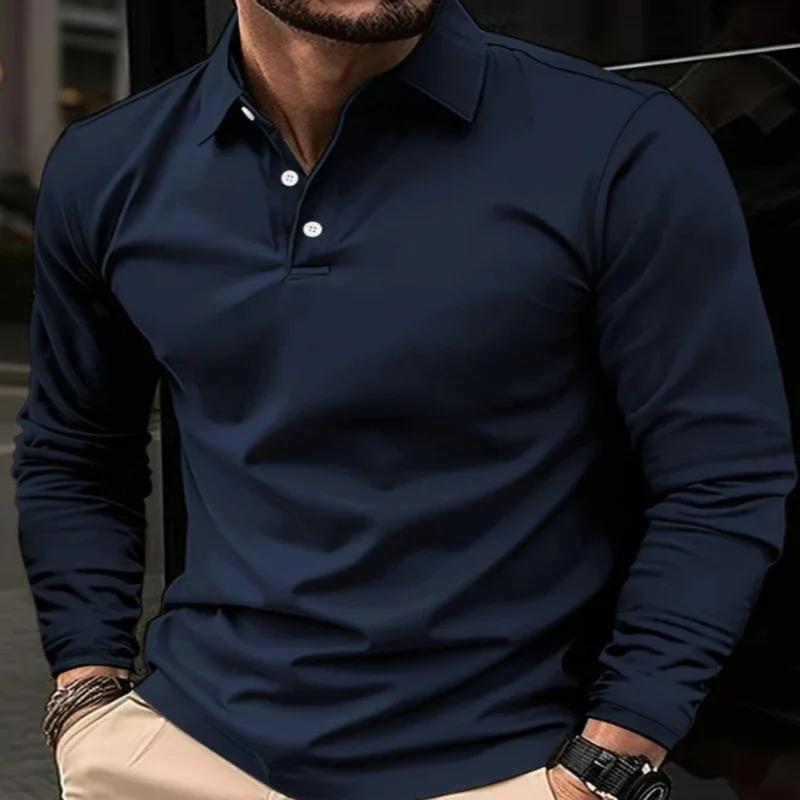 Classic Men'S Simple Solid Color Lapel Polo Shirts Spring Autumn Business Leisure Outdoor Travel Friends Party Long Sleeve Tops