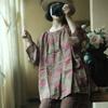 Johnature Summer Women Linen O-Neck Vintage Style Balloon Sleeves Shirt Half Sleeve Flower Print Loose Shirt