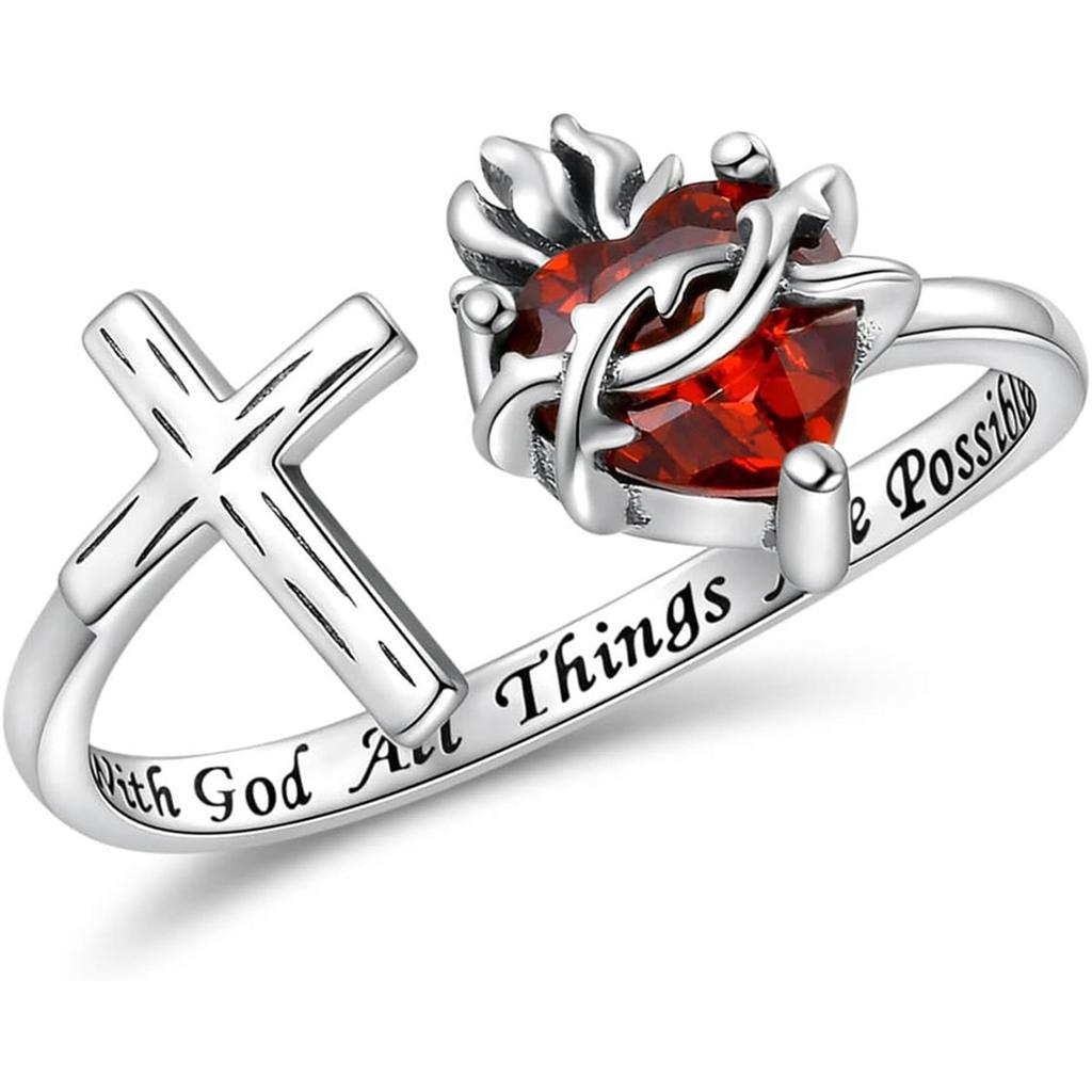 Красиво выполненное разомкнутое кольцо с изображением Святейшего Сердца Иисуса, украшенное креативным терновым красным сердцем из искусственного кристалла.