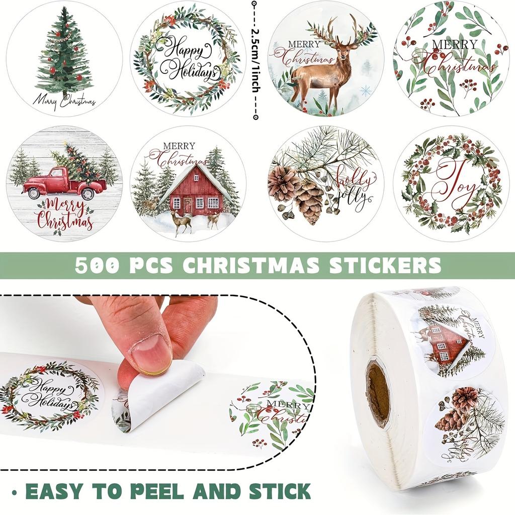 500pcs Assorted Christmas Stickers Roll, Mixed Color Paper Adhesive Labels with 'Merry Christmas' & 'Happy Holidays' Tags for Gift Wrapping & Sealing
