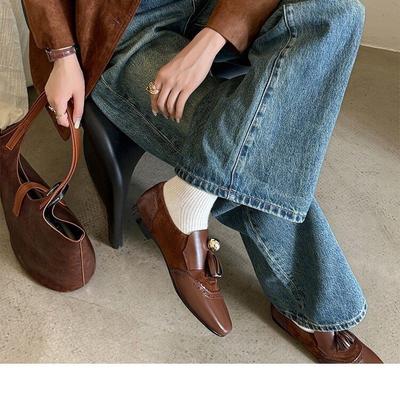 Версия из мягкой кожи~ ретро лоферы с бахромой и круглым носком, в британском стиле, на плоской подошве, на одном ремешке, маленькие кожаные туфли женские