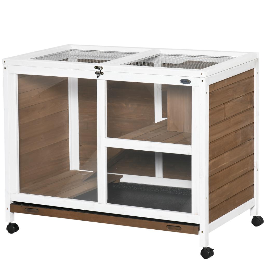 2-Tier Rabbit Hutch with House, Ramp and Removable Tray, Made of Fir Wood, 91.5x53.3x73 cm, Brown
