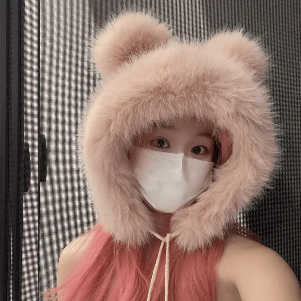 Женская зимняя теплая шапка из искусственного меха лисы Kawaii, плюшевая шапка с утолщенными милыми медвежьими ушками, японская шапка-бомбер, защитная кепка для ушей