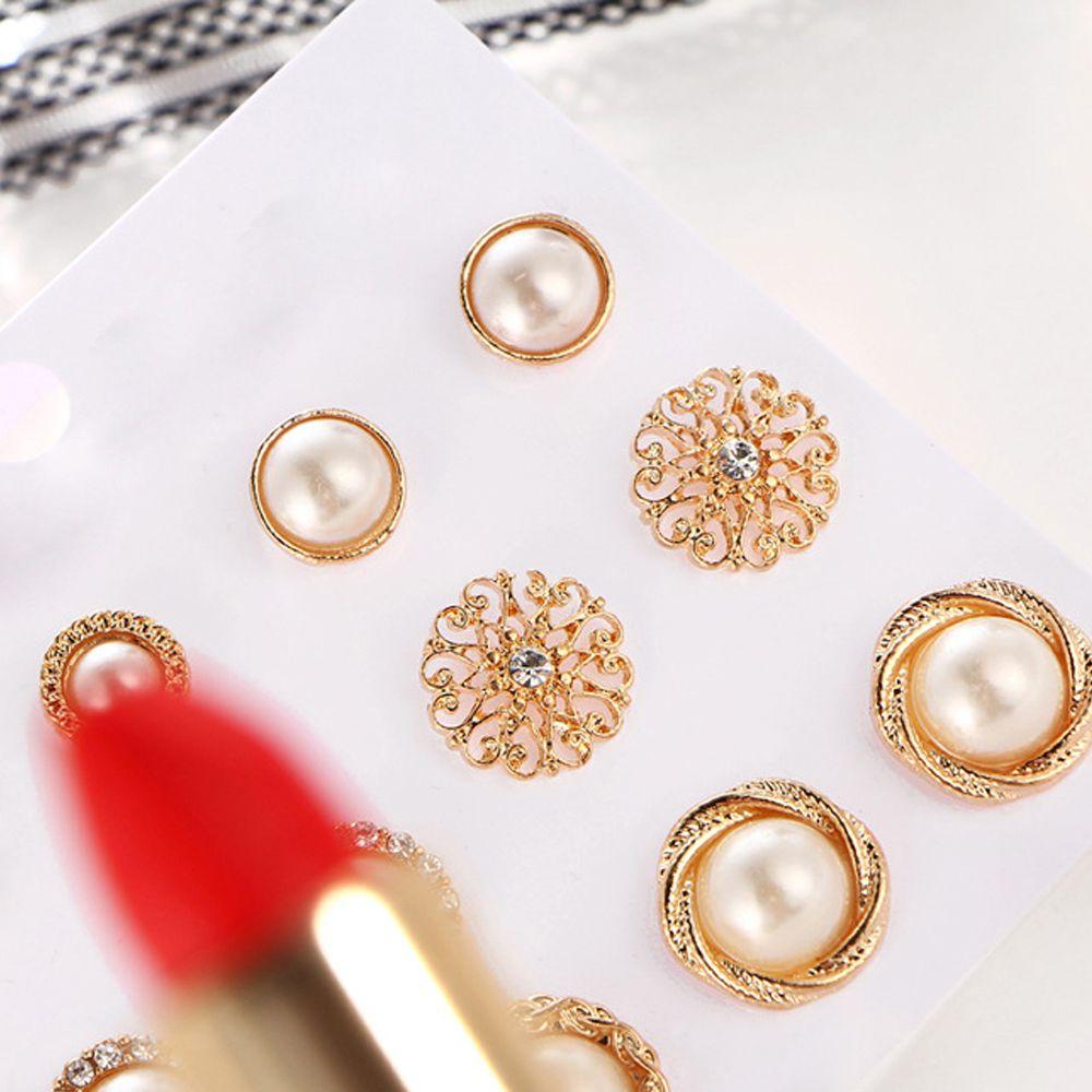 6Pairs/Set Women Round Hoop Jewelry Zircon Pearl Ear Stud Embroidery Rose Drop Dangle Earrings