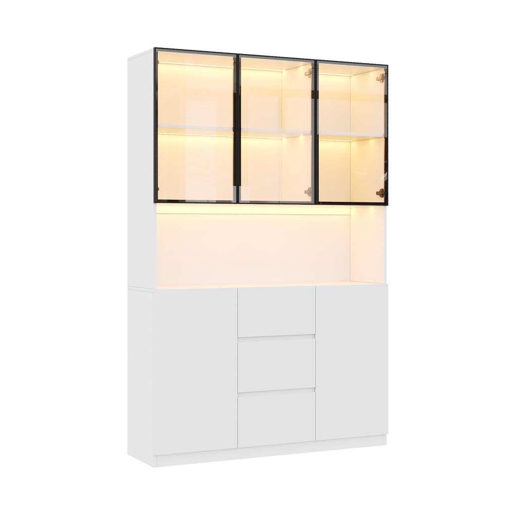LED-Illuminated Glass Display Cabinet 120×40×200 cm – Tempered Glass with Shelves, Three Drawers and Two Doors, Versatile for Living and Dining Rooms