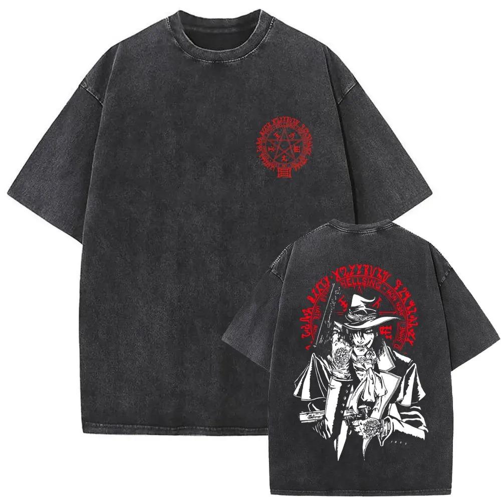 Hot Sale Anime Hellsing Abraham Van Helsing Vampire Alucard Print Tshirt Men Women Vintage Washed Cotton Summer Tee Oversize Top