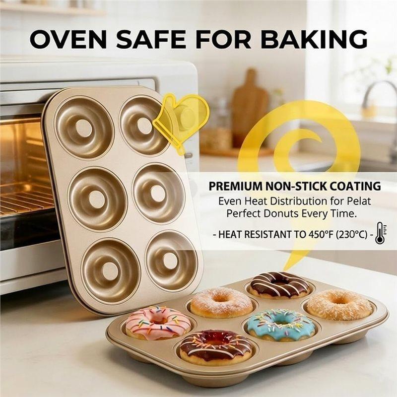 J1UL1N 2 Pack Nonstick Donut Pan, 6 Cavity Heavy Duty Steel Mini Bagel Mold, Oven Safe Doughnutbaking Tray (Gold, 6 Cup)