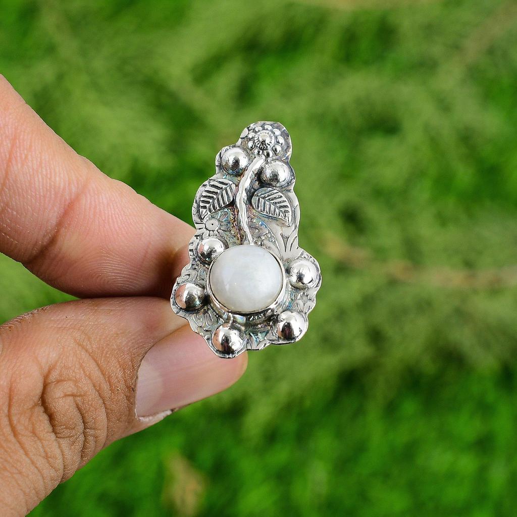Rainbow Moonstone Gemstone 925 Silver Flower Promise Bezel Sister Ring Jewelry