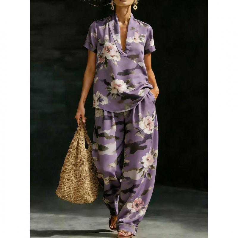 TEMU Hot Sale Women's V-Neck Pullover Short Sleeve Pants Set India Two-piece Set 1D Digital Printing