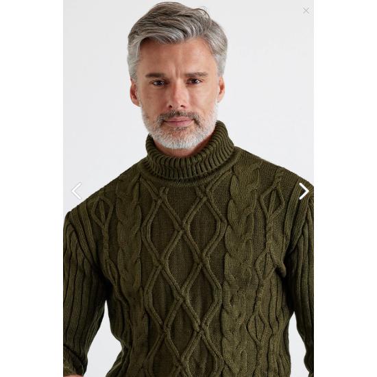 Men's Hair Knitted Diamond Patterned Full Turtleneck Ribbed Thick Knitwear Sweater
