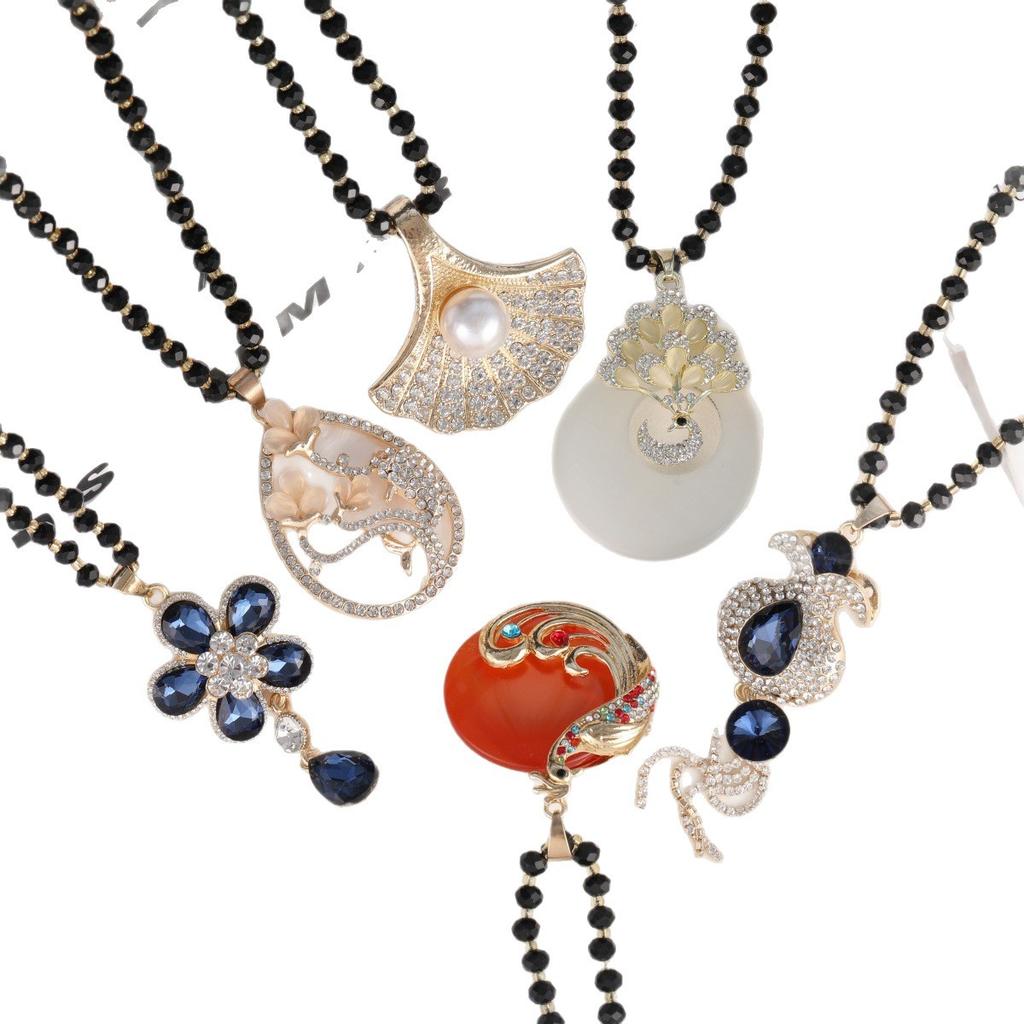 High-grade Alloy Gold-color Beaded Sweater Chain Long Romantic National Women's Necklace Natural Stone Pendant Autumn