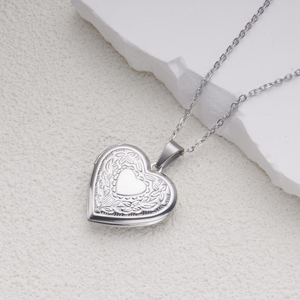 Stainless Steel Silver & Gold Women's Heart Photo Frame Locket Necklace
