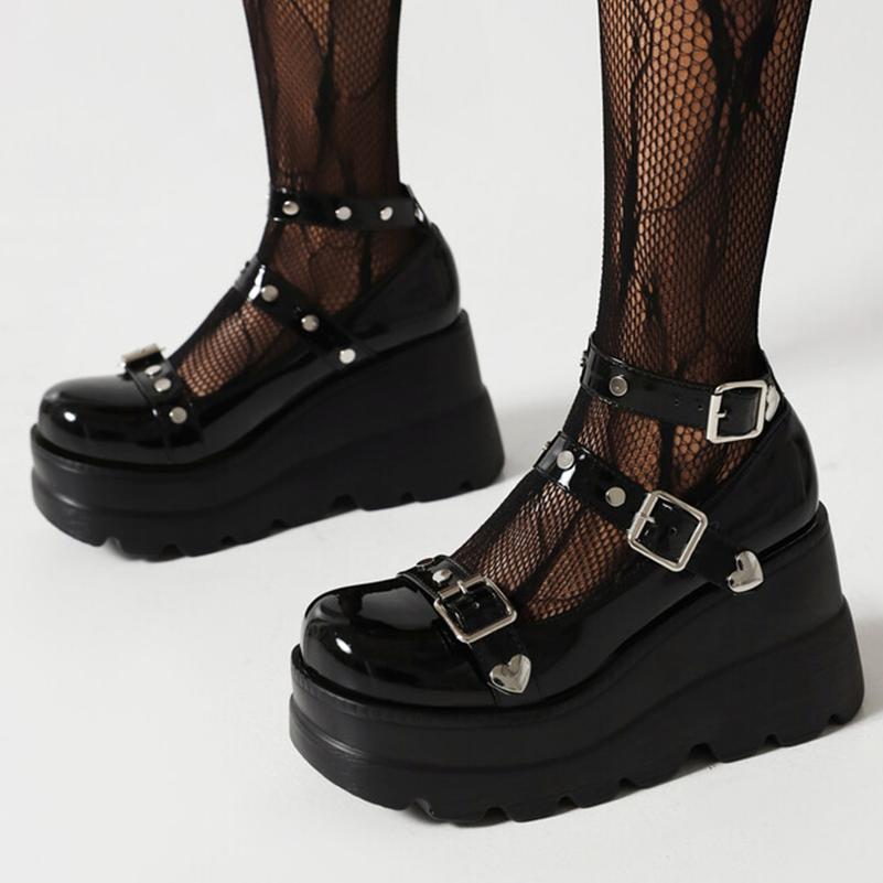 Женские туфли-лодочки из искусственной кожи, обувь-гладиатор на платформе в стиле панк, на танкетке с круглым носком, с заклепками и металлическими украшениями, весенне-осенняя обувь, размеры 35-43