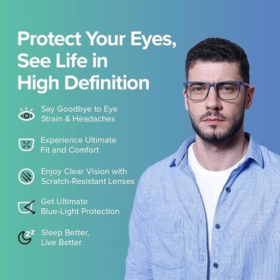 Intellilens | Компьютерные очки Zero Power Blue Cut | Антибликовое покрытие, легкий вес | Защита от ультрафиолета | Унисекс | Синий | Квадратный | Средний