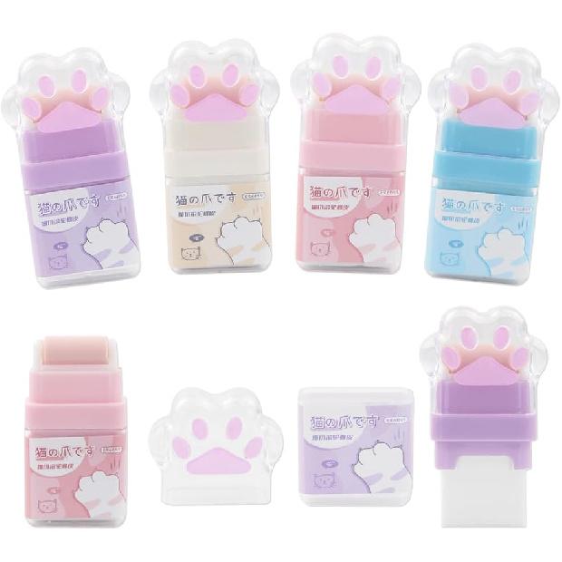 4Pcs Cat Paw Roller Eraser, Colorful Cute Cat Rubber, Kids Eraser with Shaving Roller Case for School Office Supply Stationery, 70 x 31 x 15mm