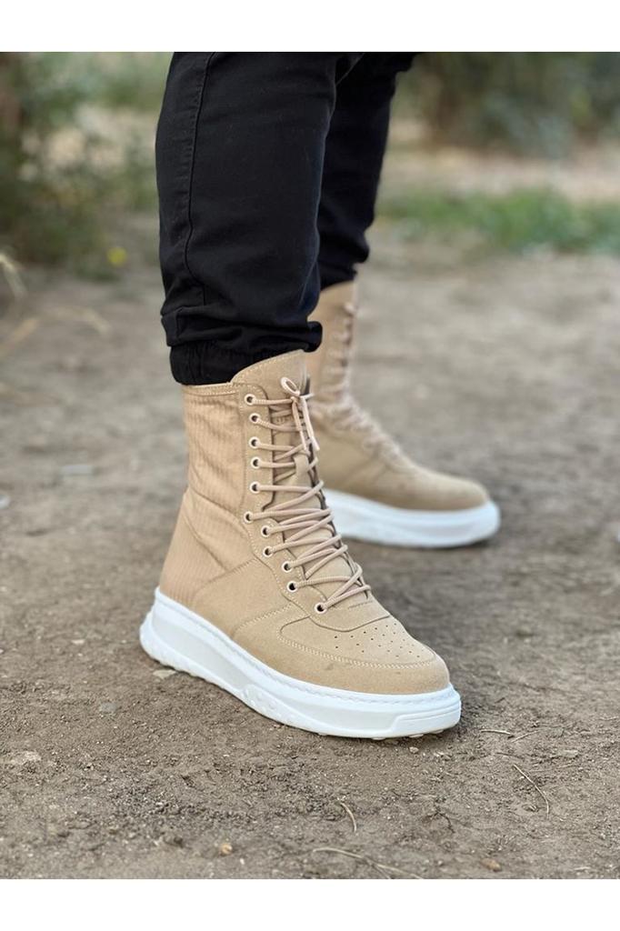 Men's Fashion Suede Flat Heeled Bootie Wg Beige Suede Long Lace Up Boots Shoes