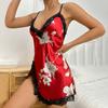 Женская летняя ночная рубашка на шнуровке, на тонких бретельках, шелковистая атласная, без рукавов, с цветочным леопардовым принтом