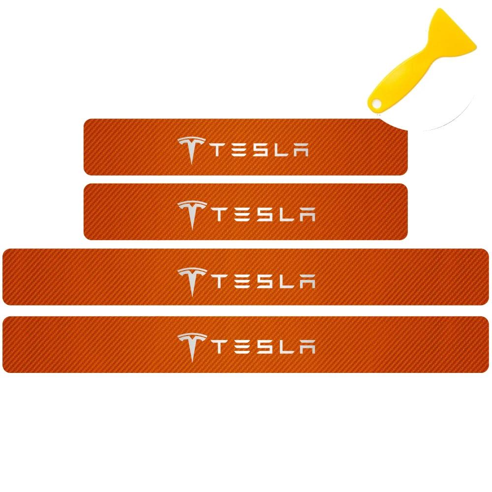 Car Sticker Tesla 4pcs Car Anti Scratch Scuff Carbon Fiber Door Threshold Stickers for Tesla Model 3 Model S X Model Y Roadster 