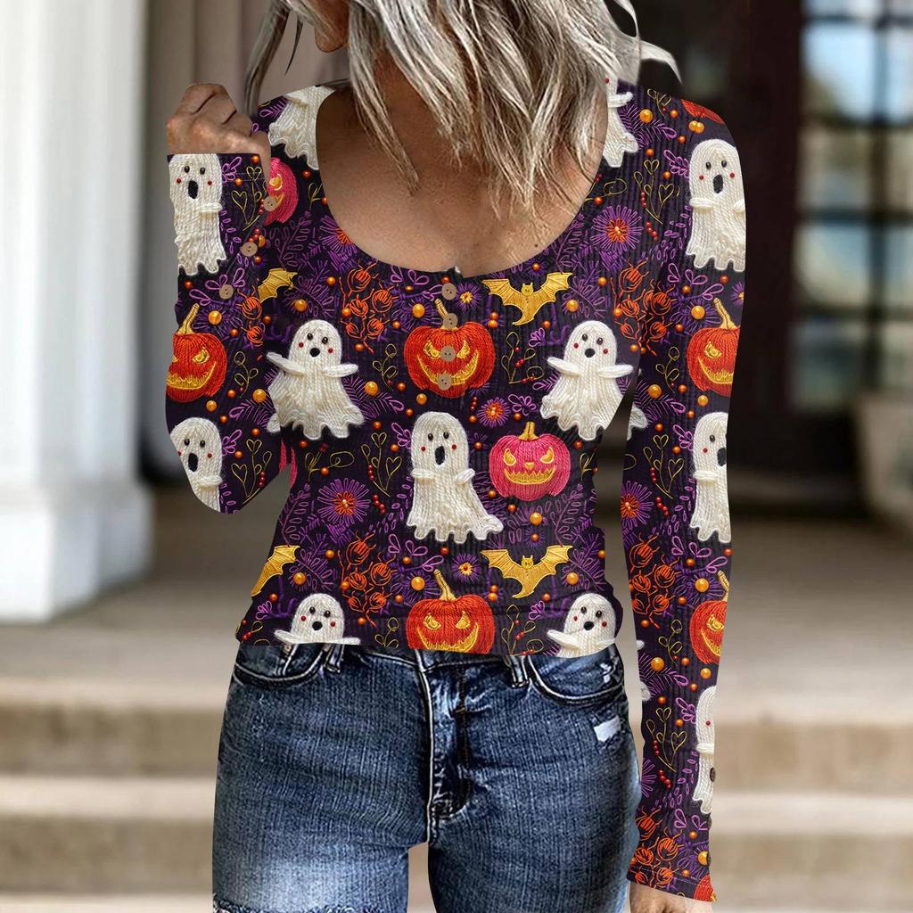Женский модный повседневный свитер с длинными рукавами и принтом на пуговицах в стиле Хэллоуина