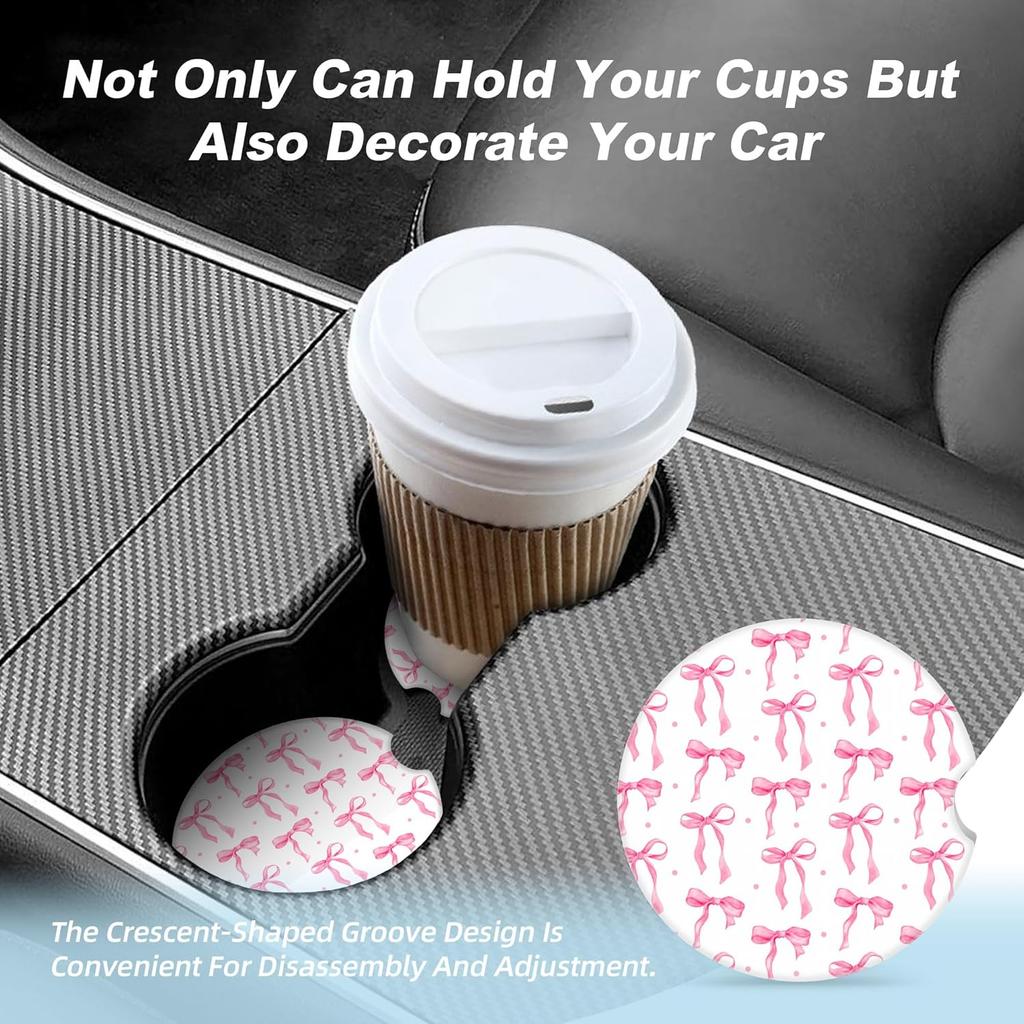 Pink Bow Car Coasters for Cup Holders,2 Pack Car Cup Holder Coasters for Car,Ceramic Absorbent Car Coaster with A Finger Notch and Cork Base,Car