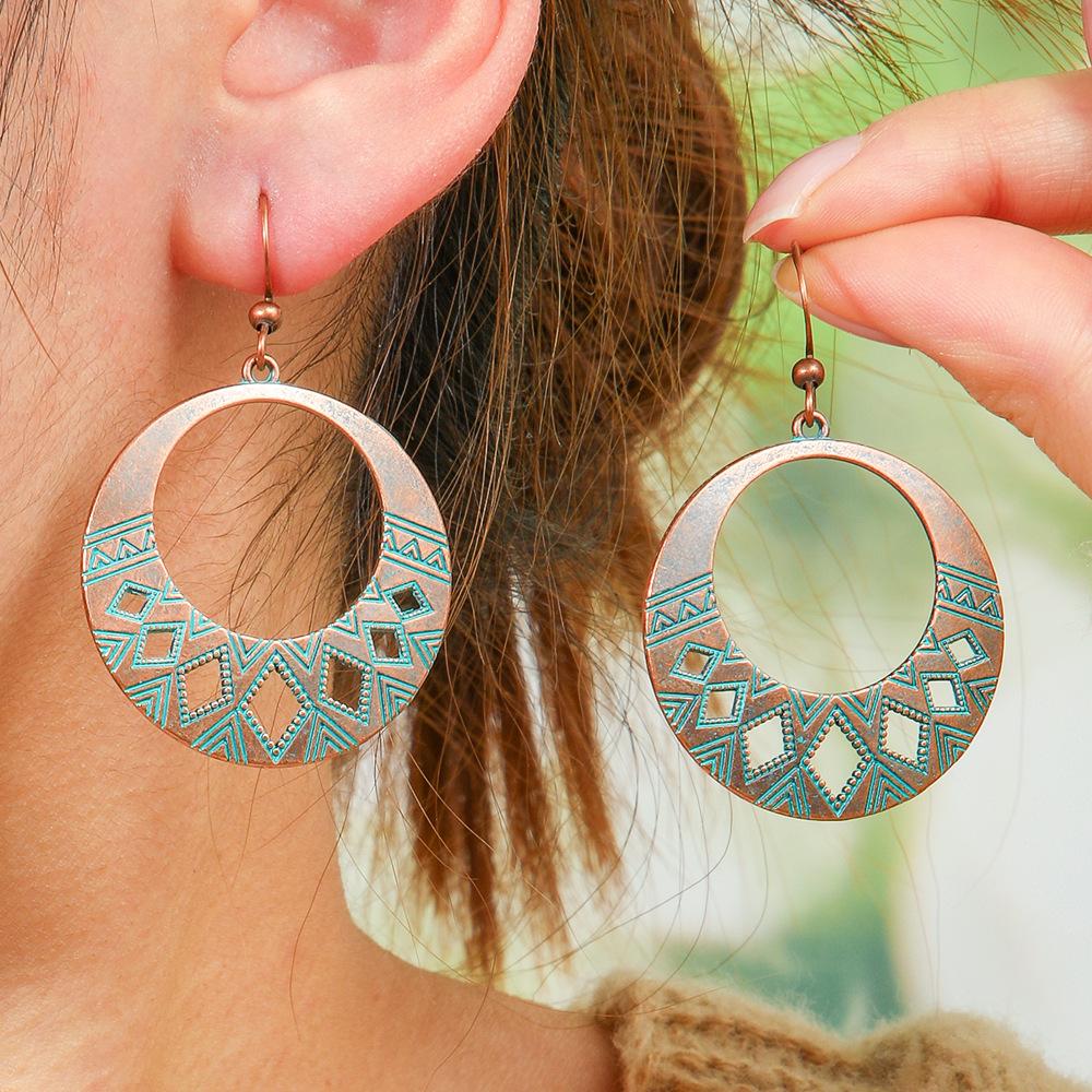 Bohemian Style Retro Earrings with Metal Geometric Hollow Out Ethnic Style Earrings
