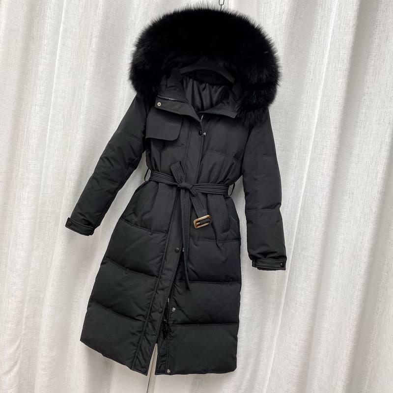 Women's 2024 Trendy Lightweight Over-Knee Down Jacket with Waist Tie - White Duck Down Winter Coat