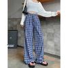 Women's Retro Plaid Double-Breasted Straight-Leg Wide-Leg Pants - Zhao Lusi Style, Spring & Autumn Collection in Blue.