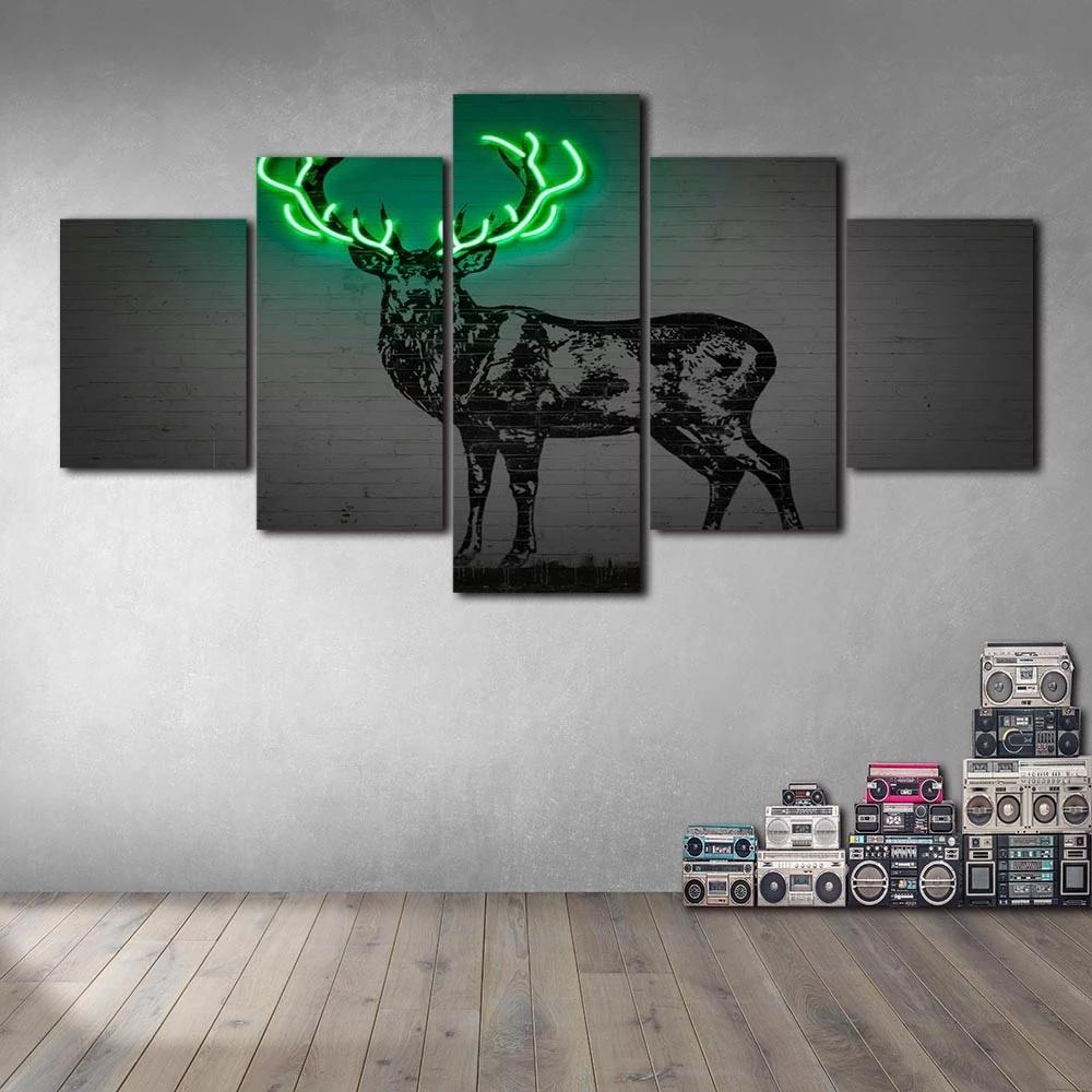 Luminous Antlers Canvas Prints 5 Pcs Animal Deer Poster Picture Modern Wall Art Paintings Living Room Home Decor Modular Frame