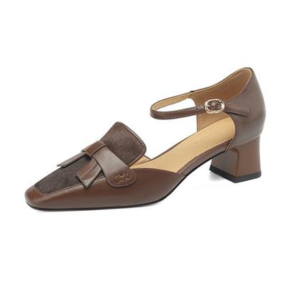 Осенне-летняя обувь из коровьей кожи с квадратным носком и конским волосом на среднем каблуке, женские туфли-лодочки на плоской подошве в лаконичном стиле с дизайном «бабочка» и ремешками на щиколотке