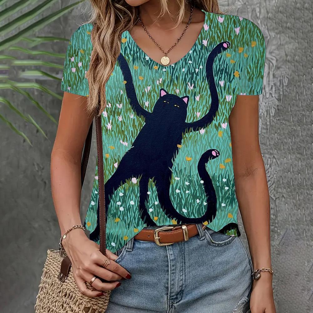 Летняя женская футболка с V-образным вырезом, модный тренд, одежда с коротким рукавом, топ с рисунком кошки, свободная женская футболка с коротким рукавом