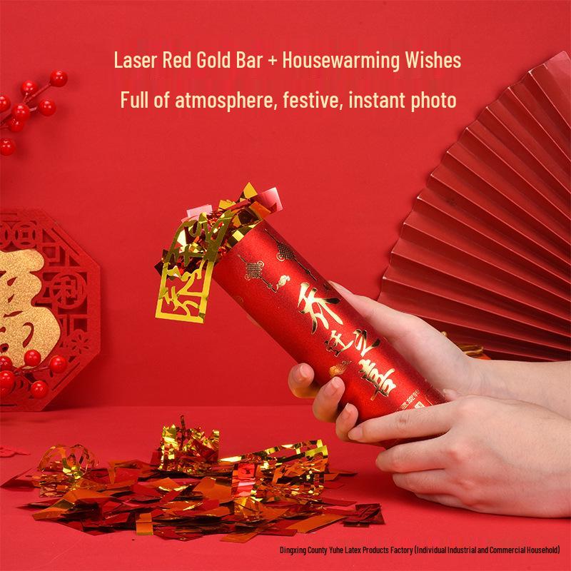 Housewarming Celebration Confetti Cannons - Red and Gold Handheld Ribbons for New Home Ceremony