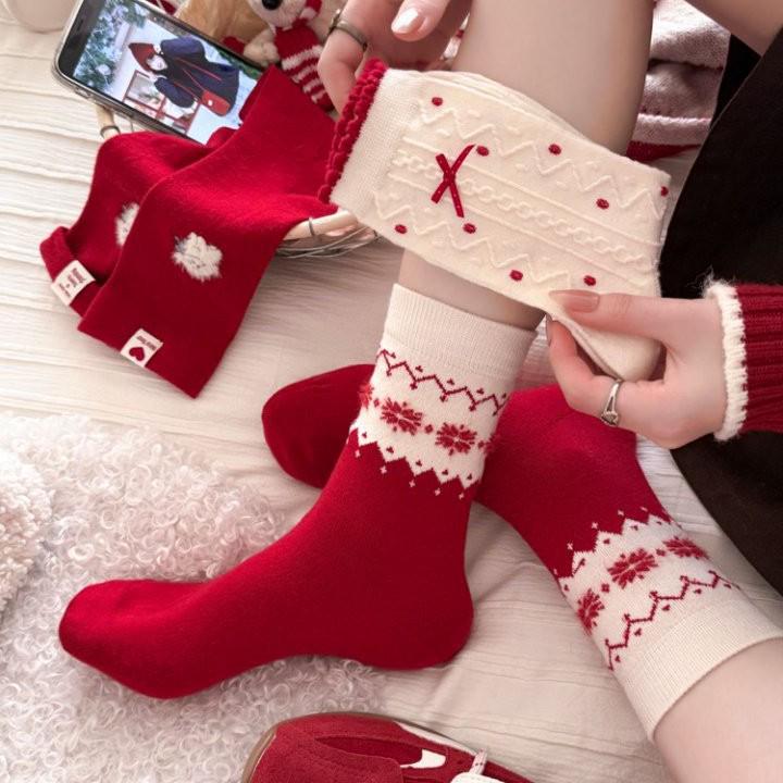 Носки средней длины Miu Style с бантом, шерстяные, красные, со знаком зодиака, для Нового года, свадьбы, женские