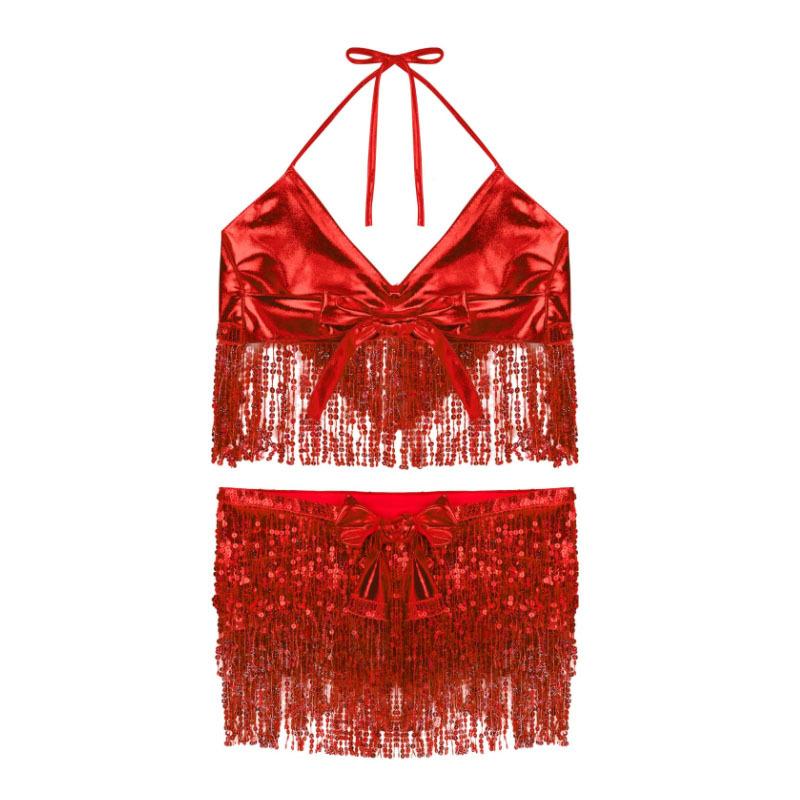 Женские блестящие кисточки с блестками, наряды для танца живота, бюстгальтер с бретельками, топ с мини-юбками с запахом