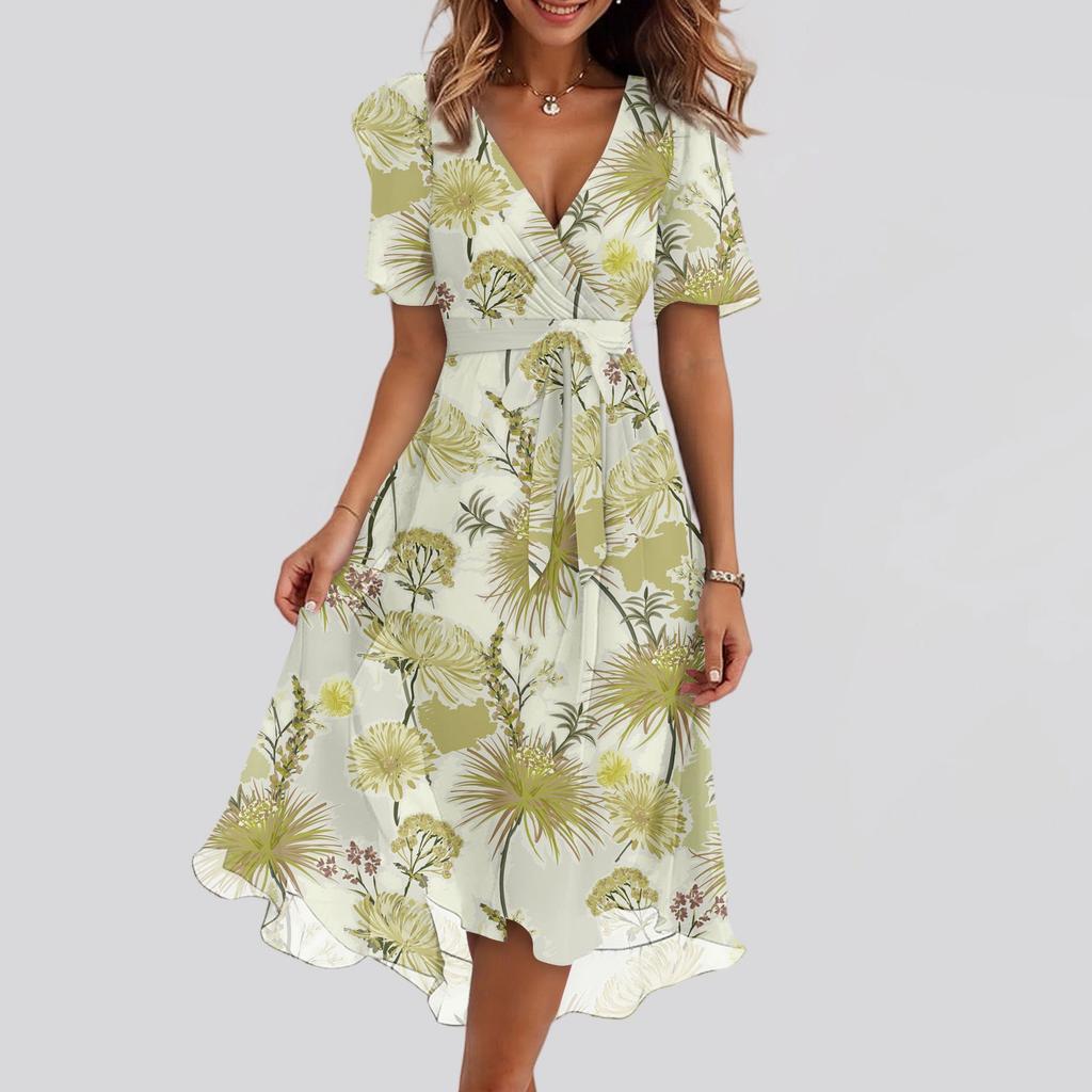 Women's Fashion Casual V Neck Short Sleeve Ruffled Vintage Printed Dresses