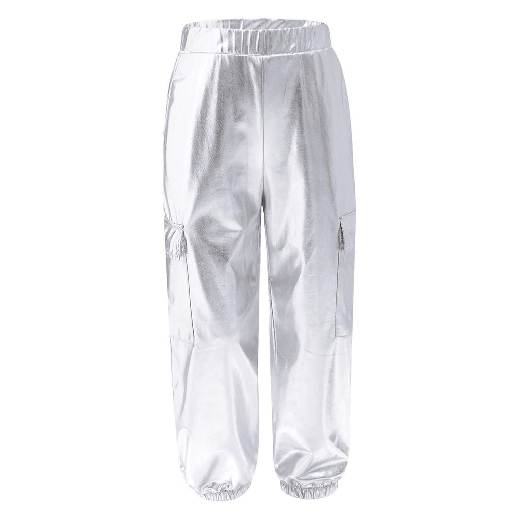 Unisex Kids Metallic Shiny Pants Elastic Waistband Design Hip Hop Jazz Dance Trousers