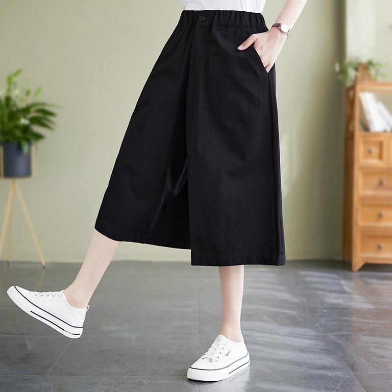 Женские летние брюки из твила с эластичной резинкой на талии, широкие брюки, свободные, тонкие, однотонные, для отдыха, семиминутные брюки