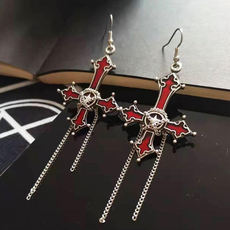 Gothic Style Punk Cool Cross-Earrings Long Chain Pendant Drop Earrings For Women Men Street Hip Hop Earring Jewelry Gift
