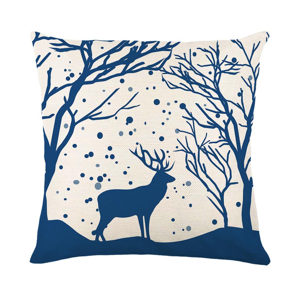 Blue Christmas Ornament Cushion Cover Printed Bear Snowflake Elk Santa Claus Tree Merry Christmas Lettering Linen Pillowcase