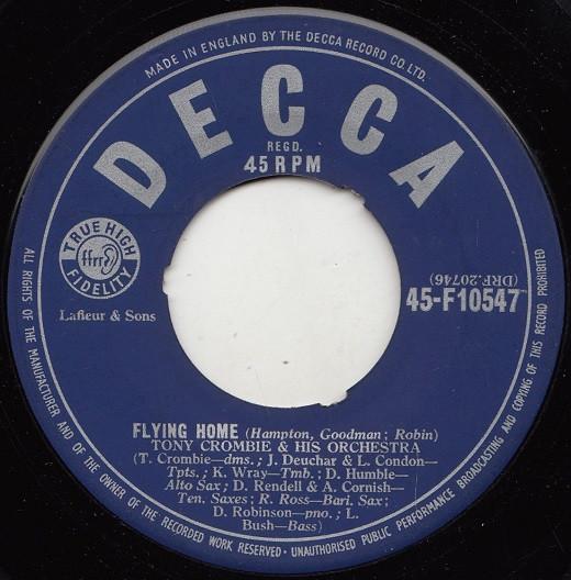 7-дюймовая пластинка TONY CROMBIE & HIS ORCHESTRA - Flying Home / Early One Morning 45F10547 Decca 1955 UK Джаз Б/У