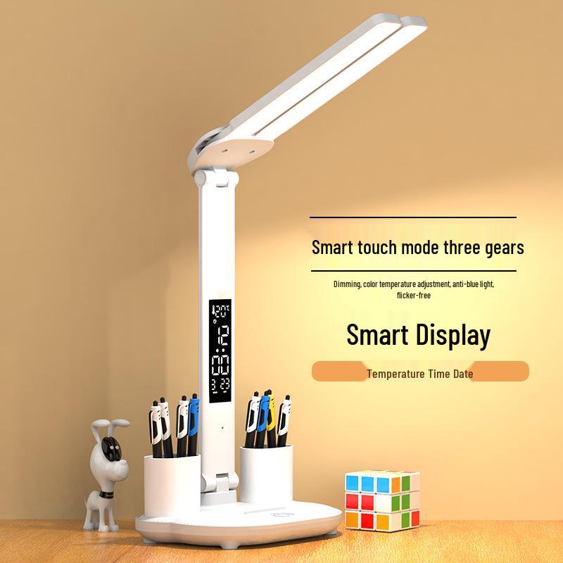 Dual-Head Eye-Care Desk Lamp with Pen Holder and Anti-Blue Light for Student and Bedroom Use